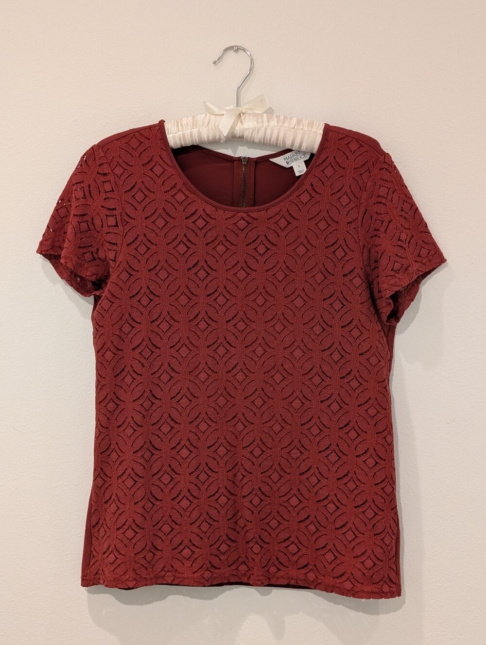 Market & Spruce Crochet / Lace Overlay Red Orange Short Sleeve Top
